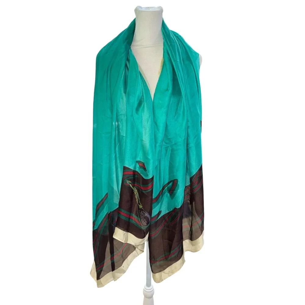 Vintage Fashion Teal Green Cashmere Silk Blend Scarf Wrap Logo Stripe